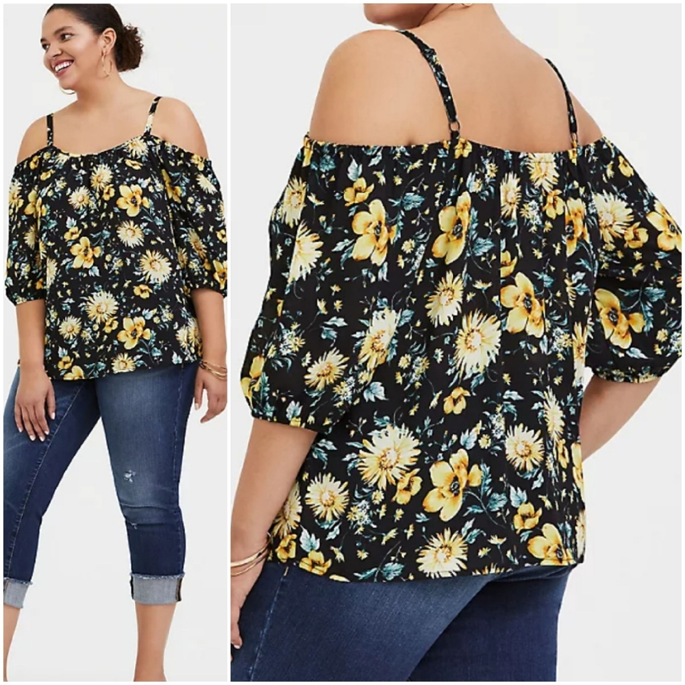 Black and Yellow Floral Georgette Cold Shoulder Blouse Size 1 (1X)